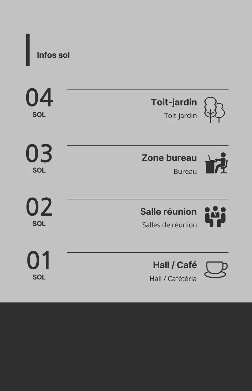 Drapeaux de fenêtre avec icônes et instructions d'étage dans une combinaison de couleurs gris et gris foncé