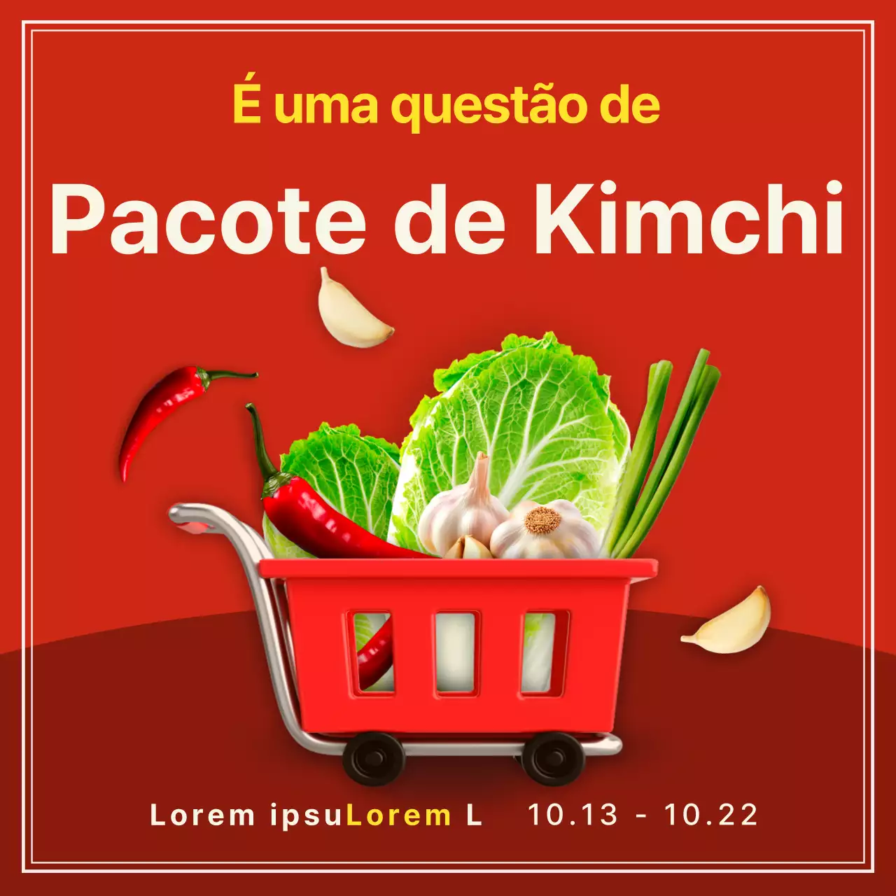 Anúncio de uma embalagem básica de kimchi vermelho e amarelo.