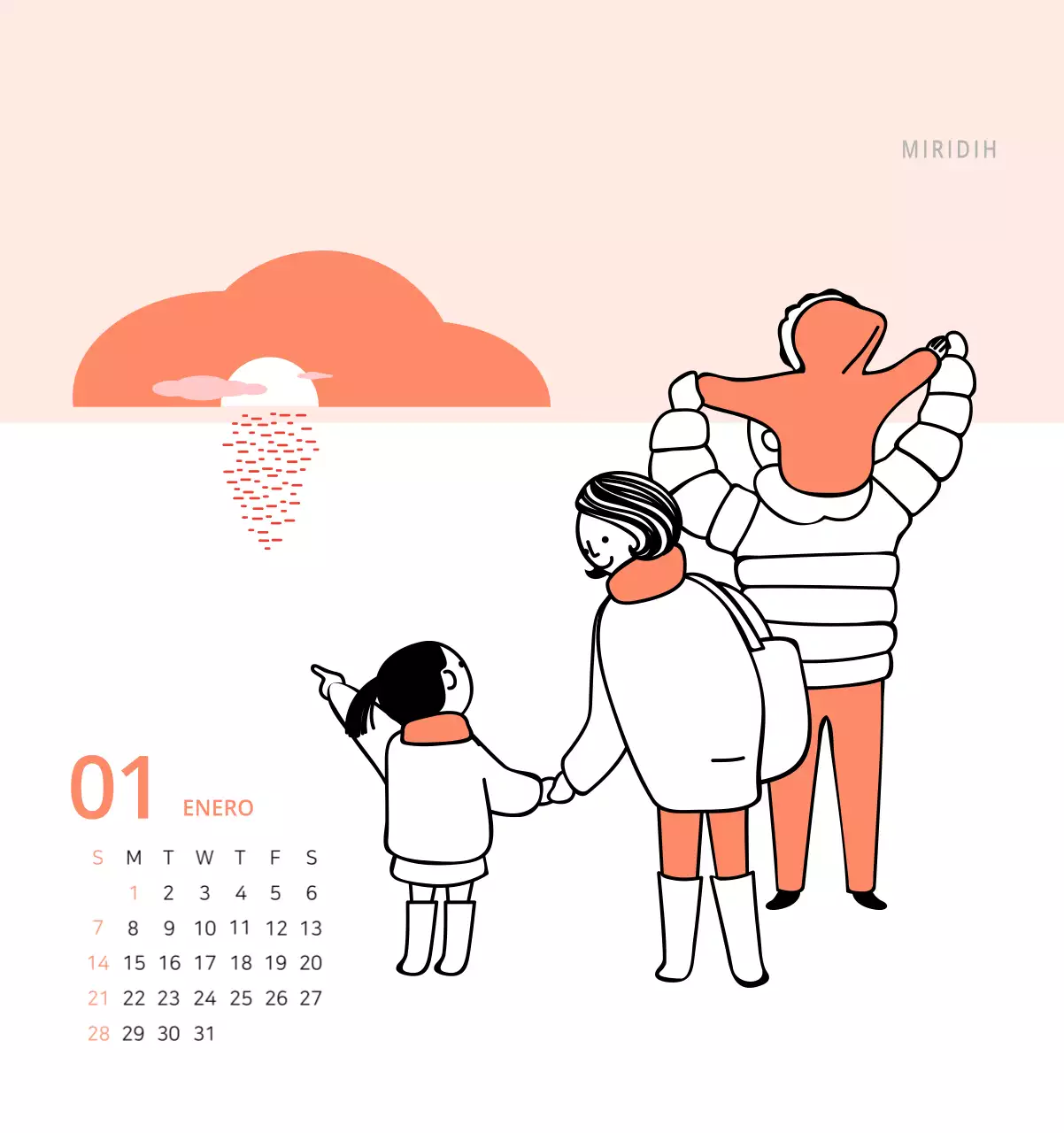 Bonito calendario de sobremesa ilustrado de temática familiar en color verde