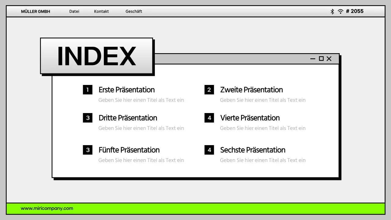 Einfache Computer-Desktop-Benutzeroberfläche in Grau und Chartreuse Firmenprofil