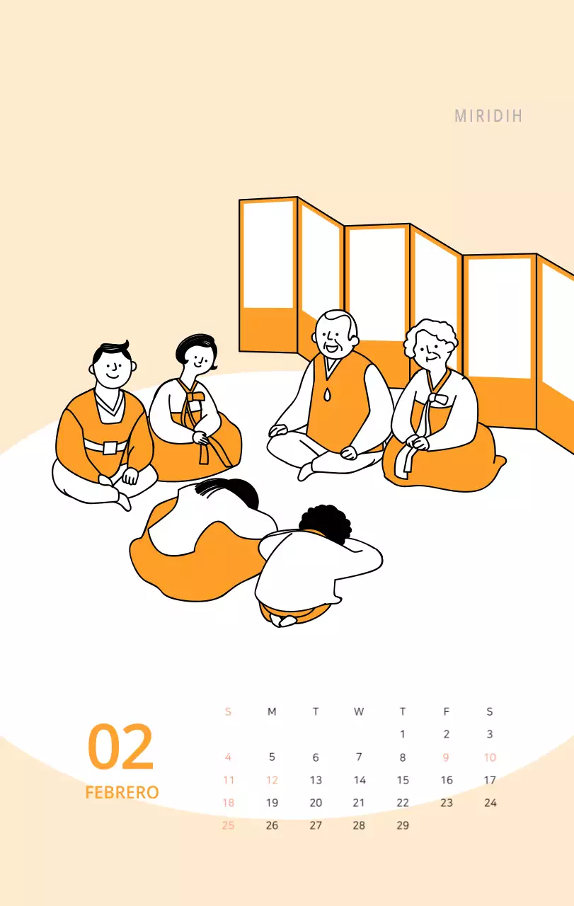 Bonito calendario de sobremesa ilustrado de temática familiar en color verde