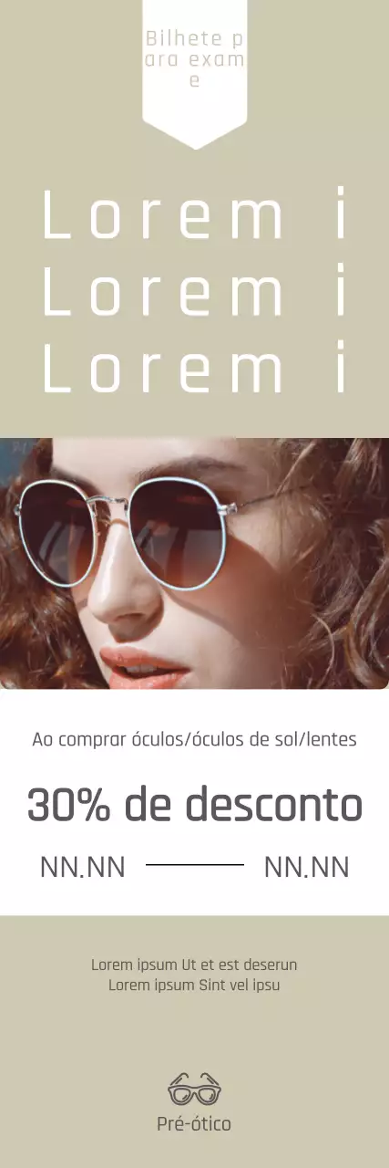 Um cartaz de um evento para um desconto em bilhetes para exames com uma fotografia de uma mulher com óculos de sol.