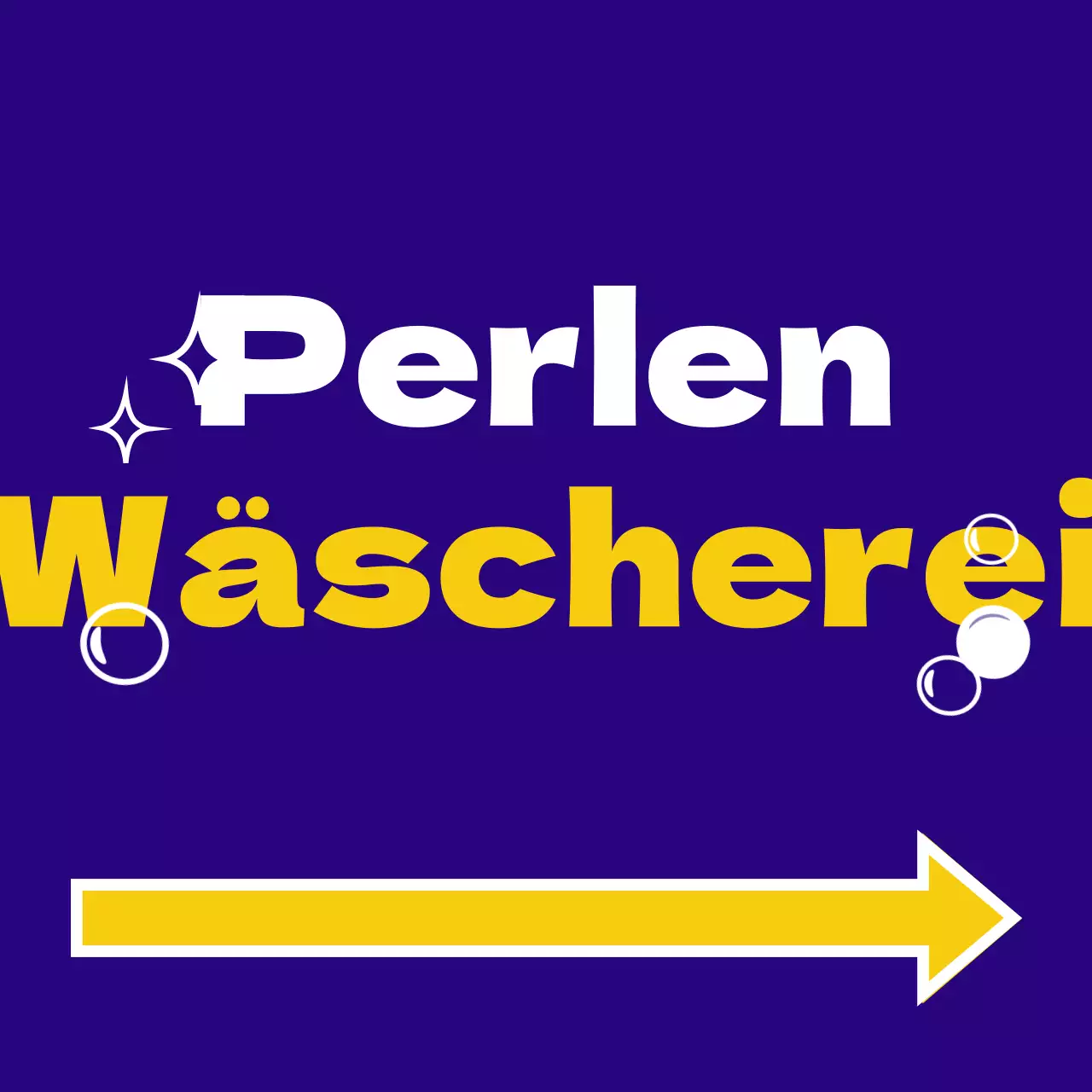 Leicht lesbare Ladenbeschilderung mit blauem, gelbem, orangefarbenem und weißem Wäschetext und Illustrationen mit Tupfen, Sternen und Pfeilen.