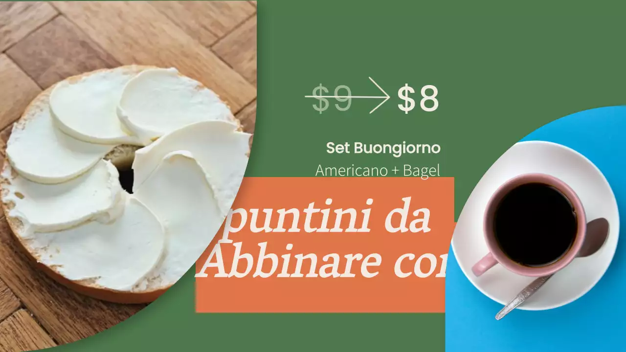 Pubblicità minimalista del menu in negozio in verde e arancione