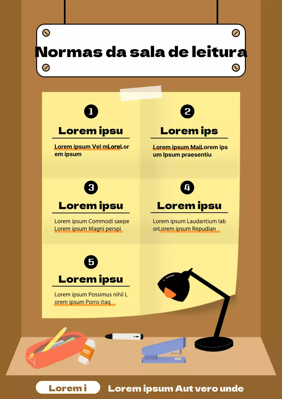 Uma simples sala de estudo amarela e castanha com alguns lembretes