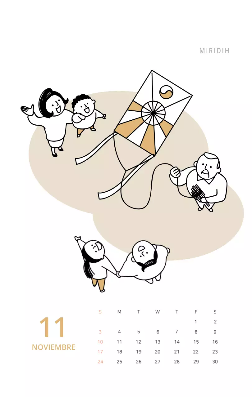 Bonito calendario de sobremesa ilustrado de temática familiar en color verde