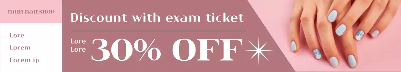 Pink-colored test-taking event banner with a photo of nail art.