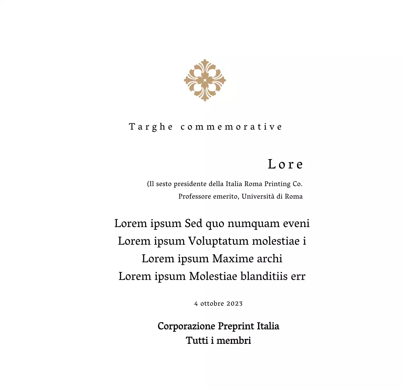 Una targa di commissione dall'aspetto regale con decorazioni elaborate