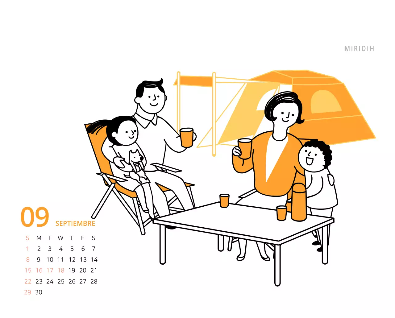 Bonito calendario de sobremesa ilustrado de temática familiar en color verde