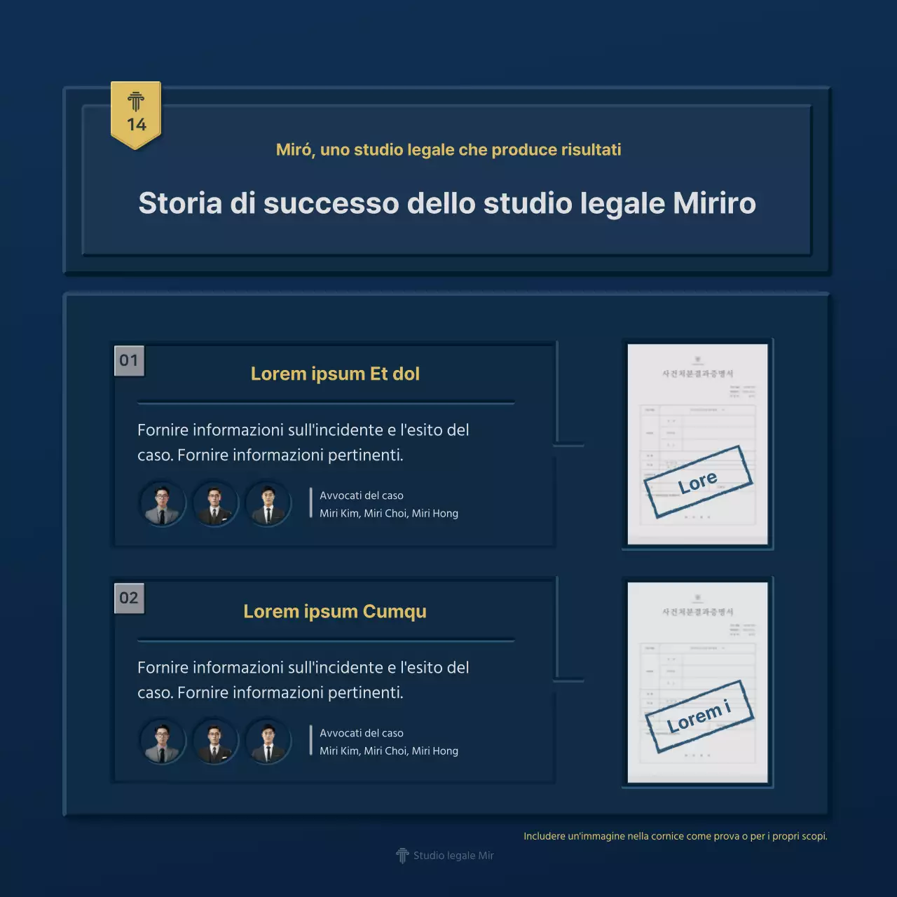 Un semplice profilo aziendale di uno studio legale in blu e giallo