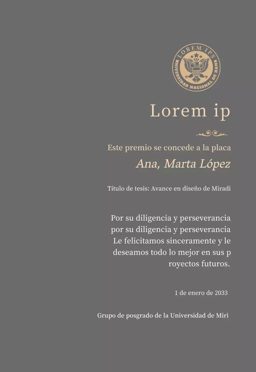 Lujosa placa de titulación con el logotipo de la escuela y adornos dorados