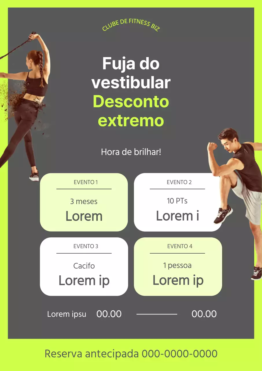 Um cartaz para um evento de exame de ginásio com fotografias de pessoas em forma e detalhes fluorescentes em tons de cinzento.