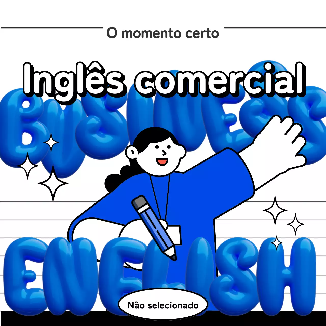 Posts kitsch em inglês comercial em azul, preto e branco