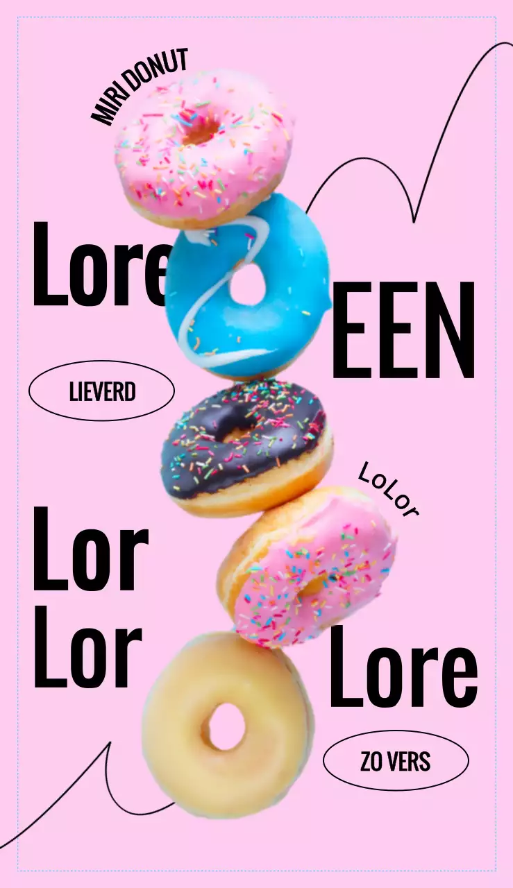 Donut dessert café menu met vette lettertypes, donut afbeelding lay-out en ritmische grafische elementen