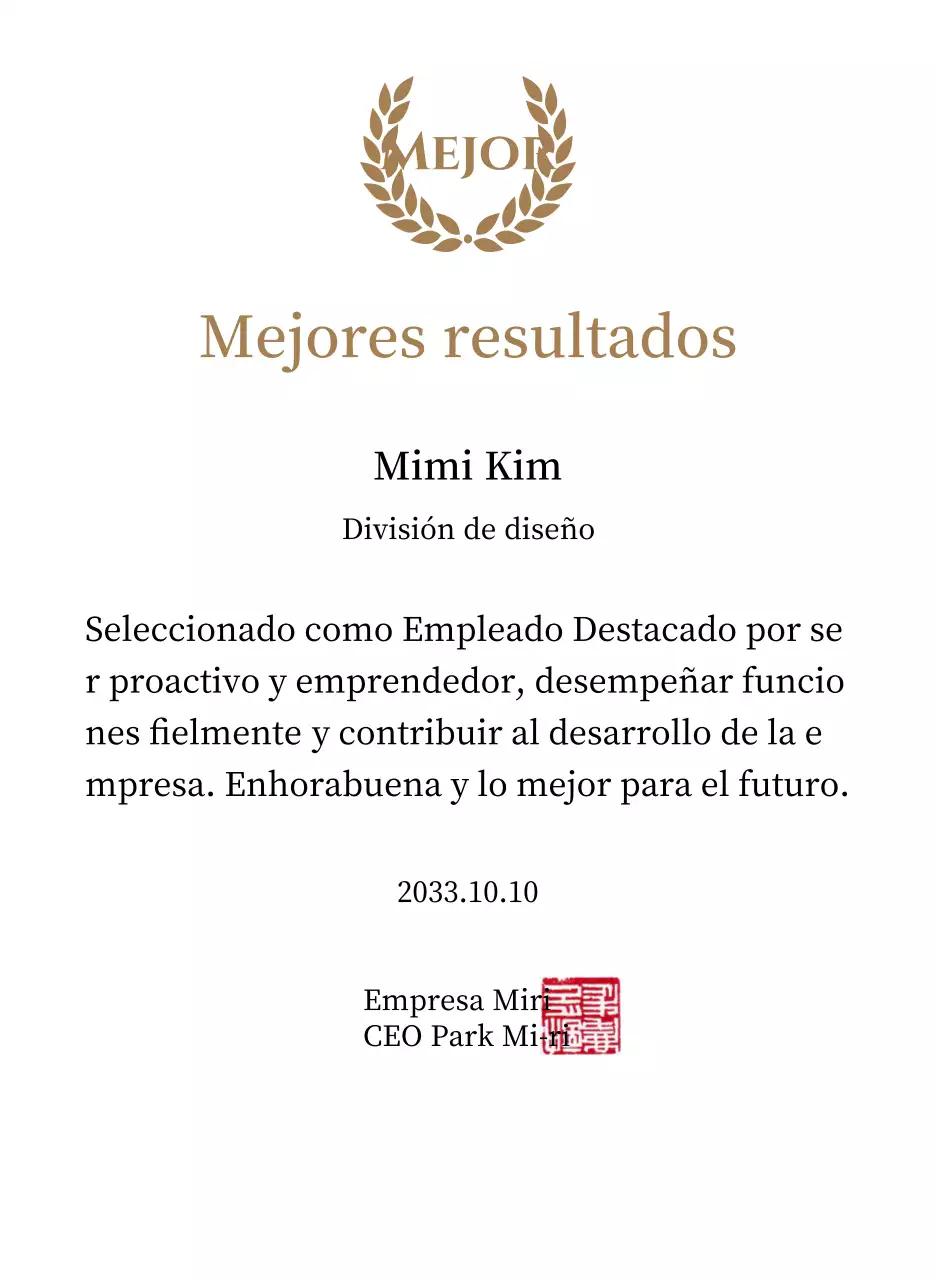 Lujosa placa de agradecimiento con laureles y sello dorados