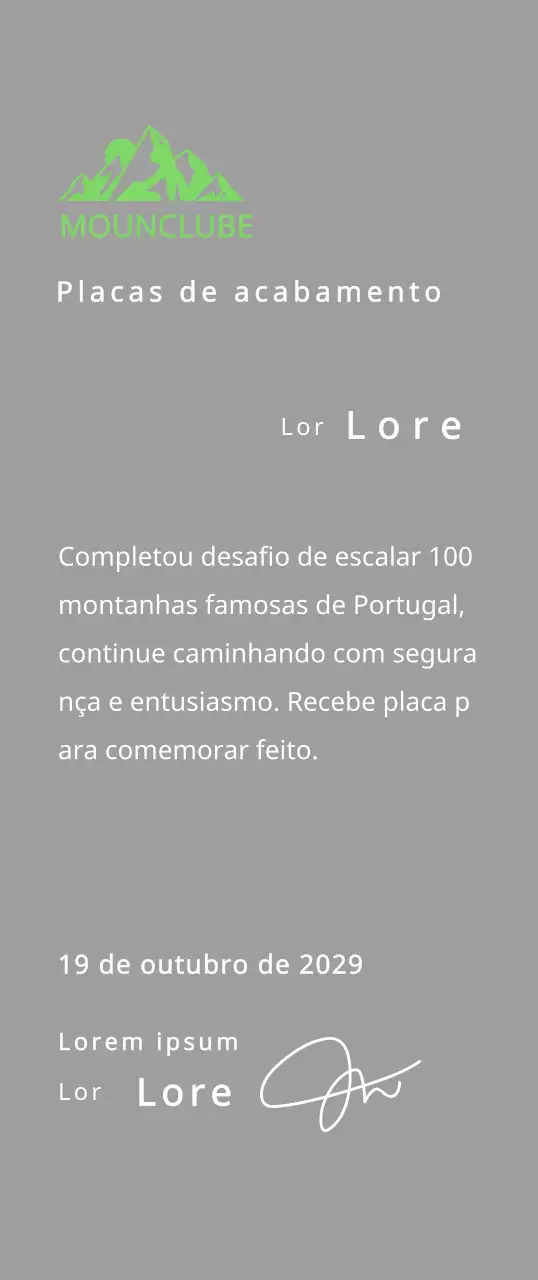 Placa de finalização do clube de montanha com o conceito do logótipo do clube e ilustração de uma montanha verde