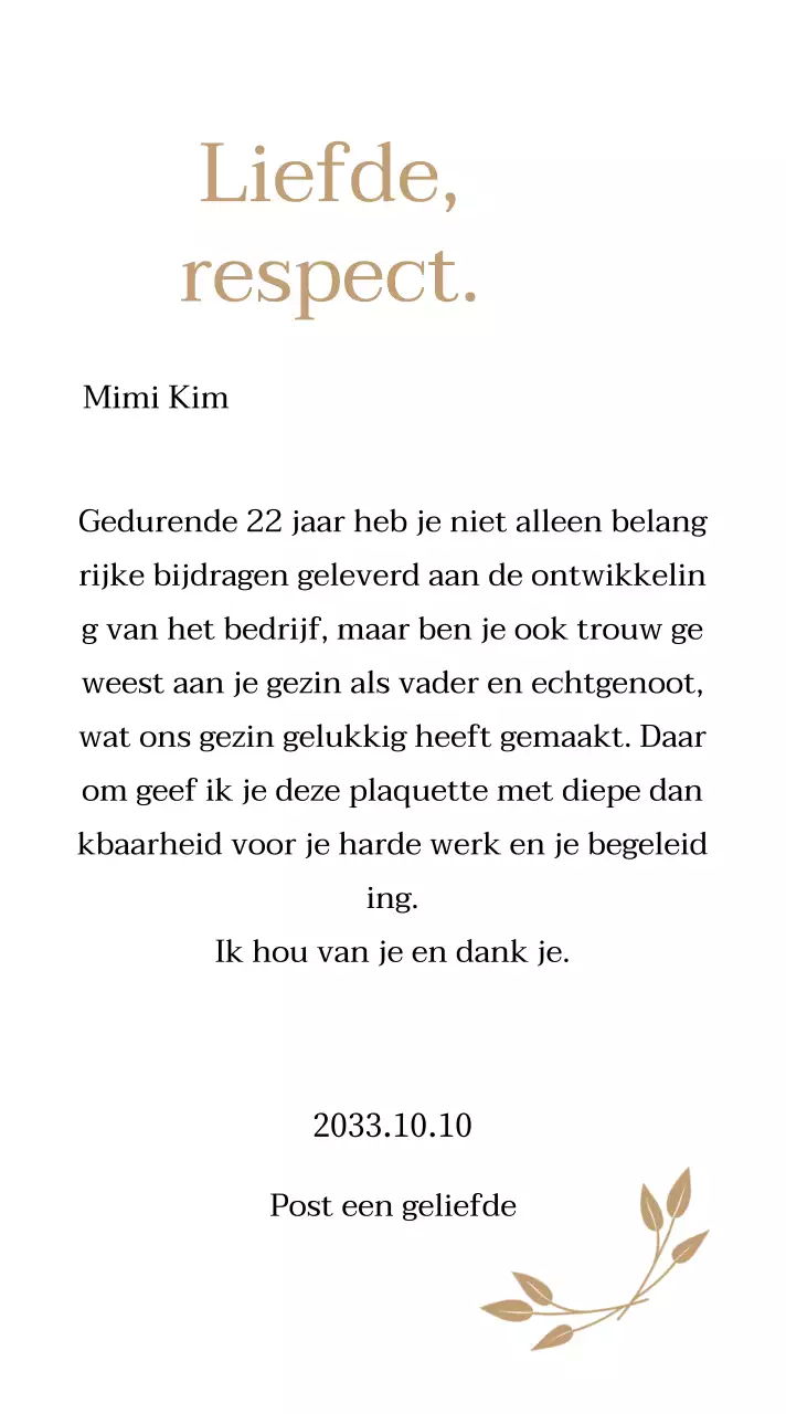 Classy bedankbord met goud en bladeren