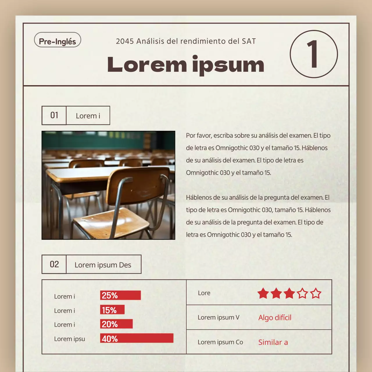 Un sencillo informe beige y rojo de análisis de tendencias de los exámenes SAT para academias