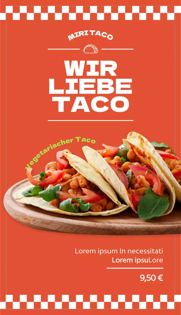 Speisekarte eines Taco-Restaurants mit lebhaften orangefarbenen Farben, grafischen Elementen und fotorealistischen Bildern von Tacos