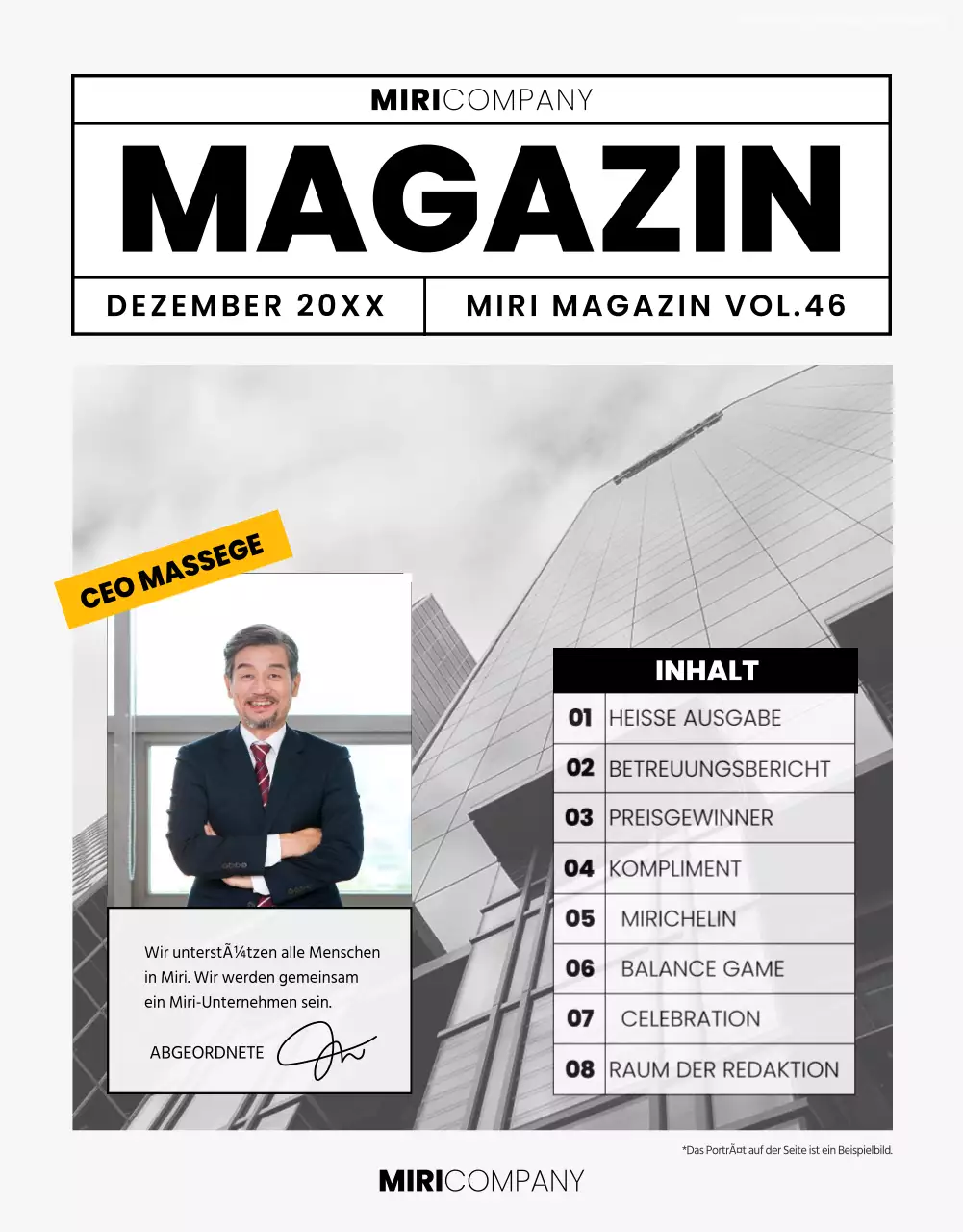 Moderne Firmenzeitschrift in Grau und Schwarz