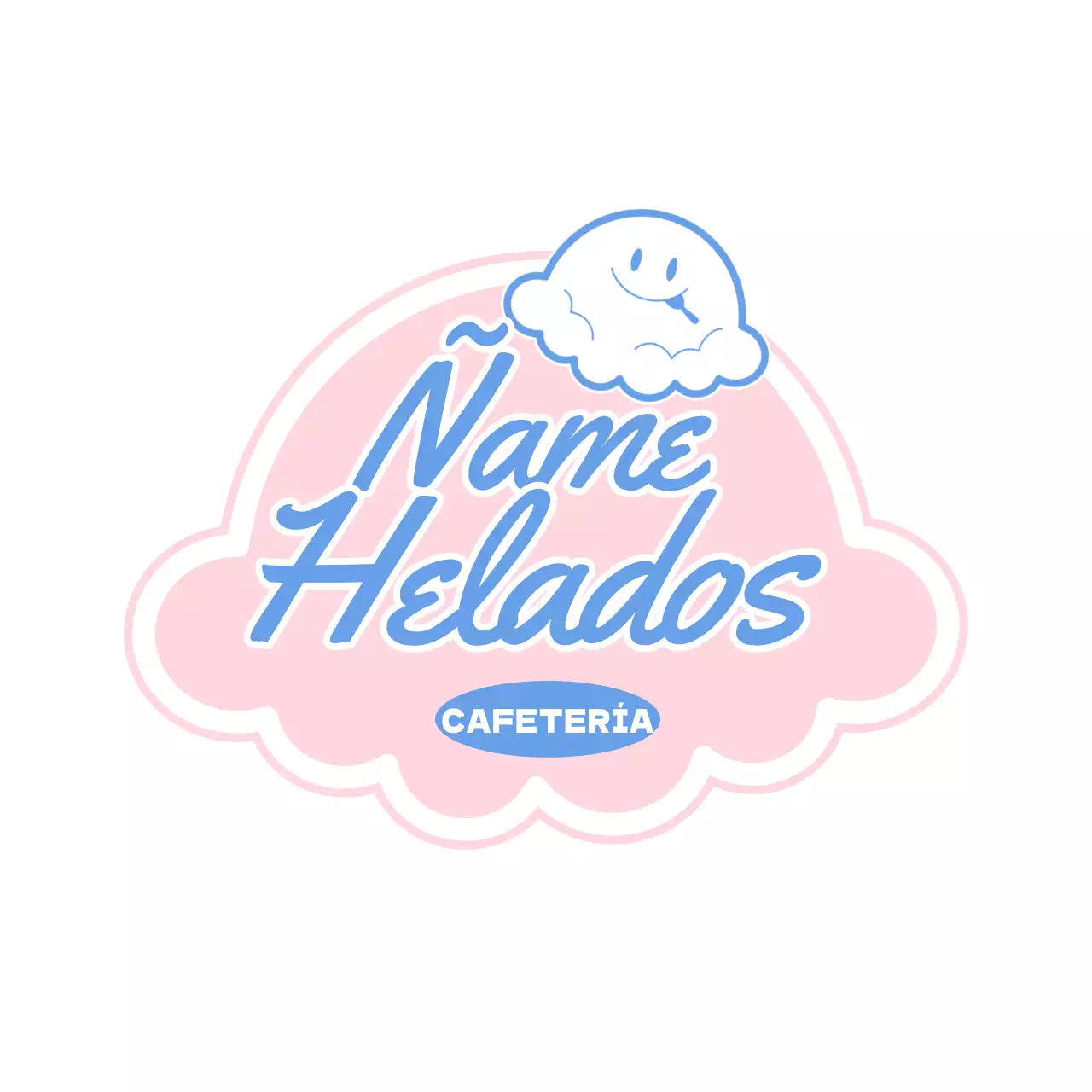 Señal de punto de café de postre de helado con caracteres lindos en rosa claro y azul claro