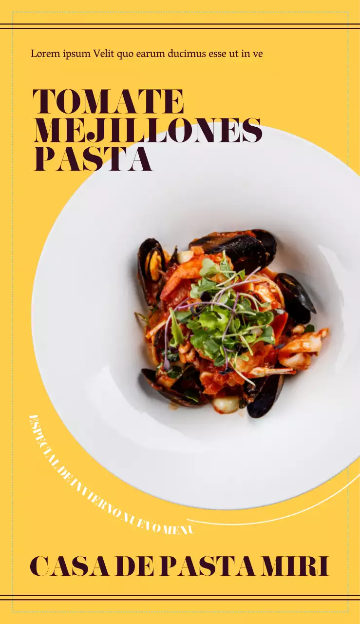 Menú limpio de restaurante italiano de pasta con imágenes fotorrealistas de pasta en marrón y amarillo