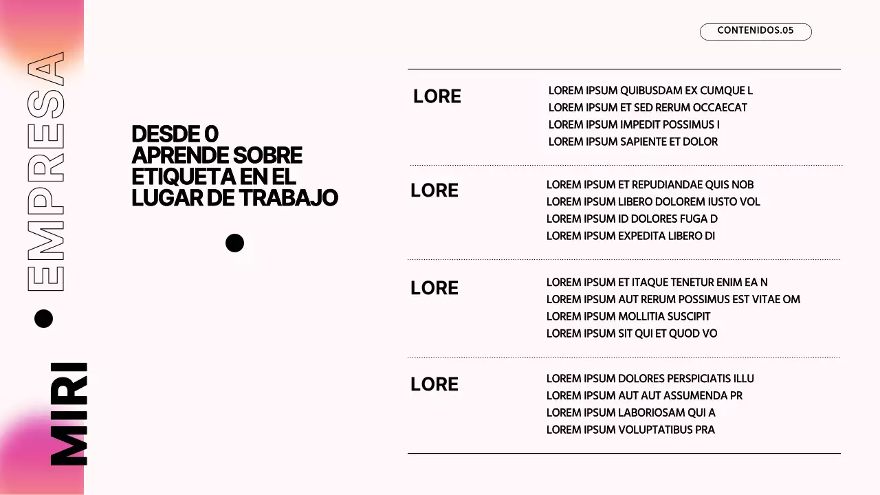 Material didáctico para el seminario de nuevos empleados de Pink's Modern Company