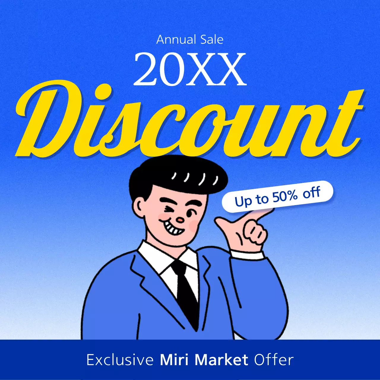 Promote a parodic blue and yellow discount announcement