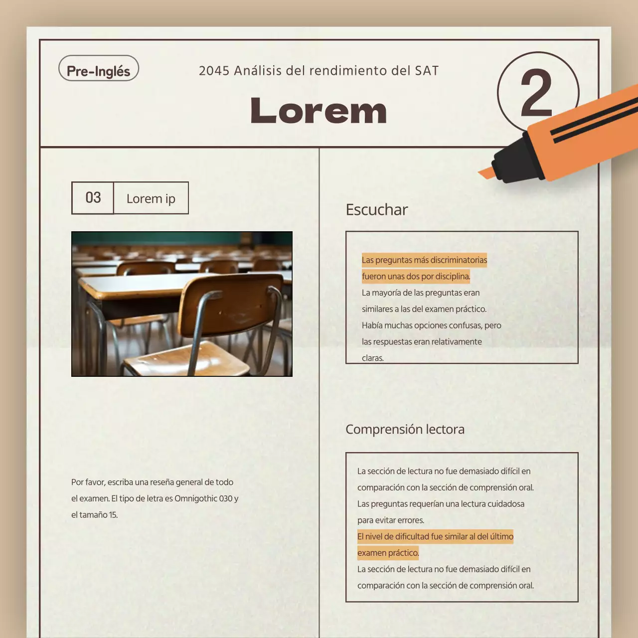 Un sencillo informe beige y rojo de análisis de tendencias de los exámenes SAT para academias