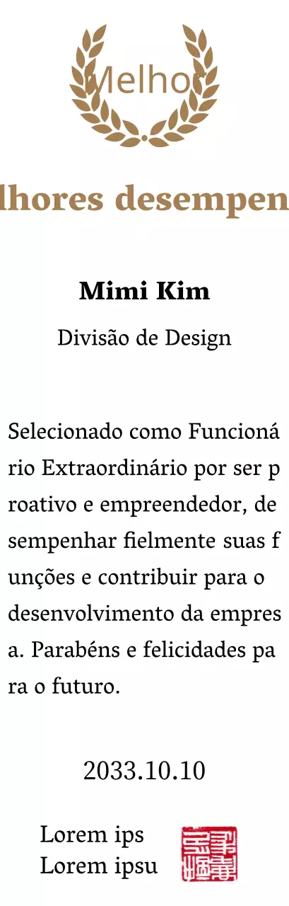 Placa de agradecimento luxuosa com louros dourados e carimbo