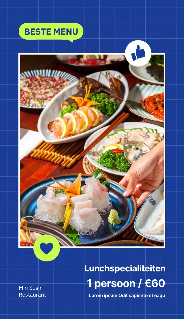 Een eenvoudig en grillig Japans menu in blauw en chartreuse