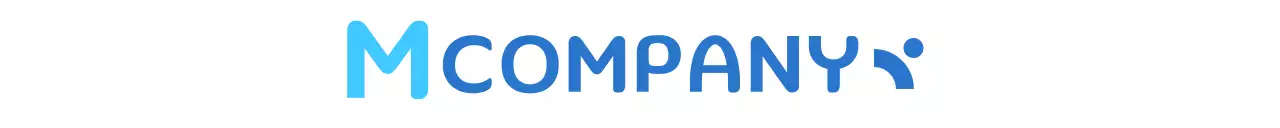 Promo perusahaan yang bersih dengan logo bahasa Inggris berwarna biru dan biru muda.