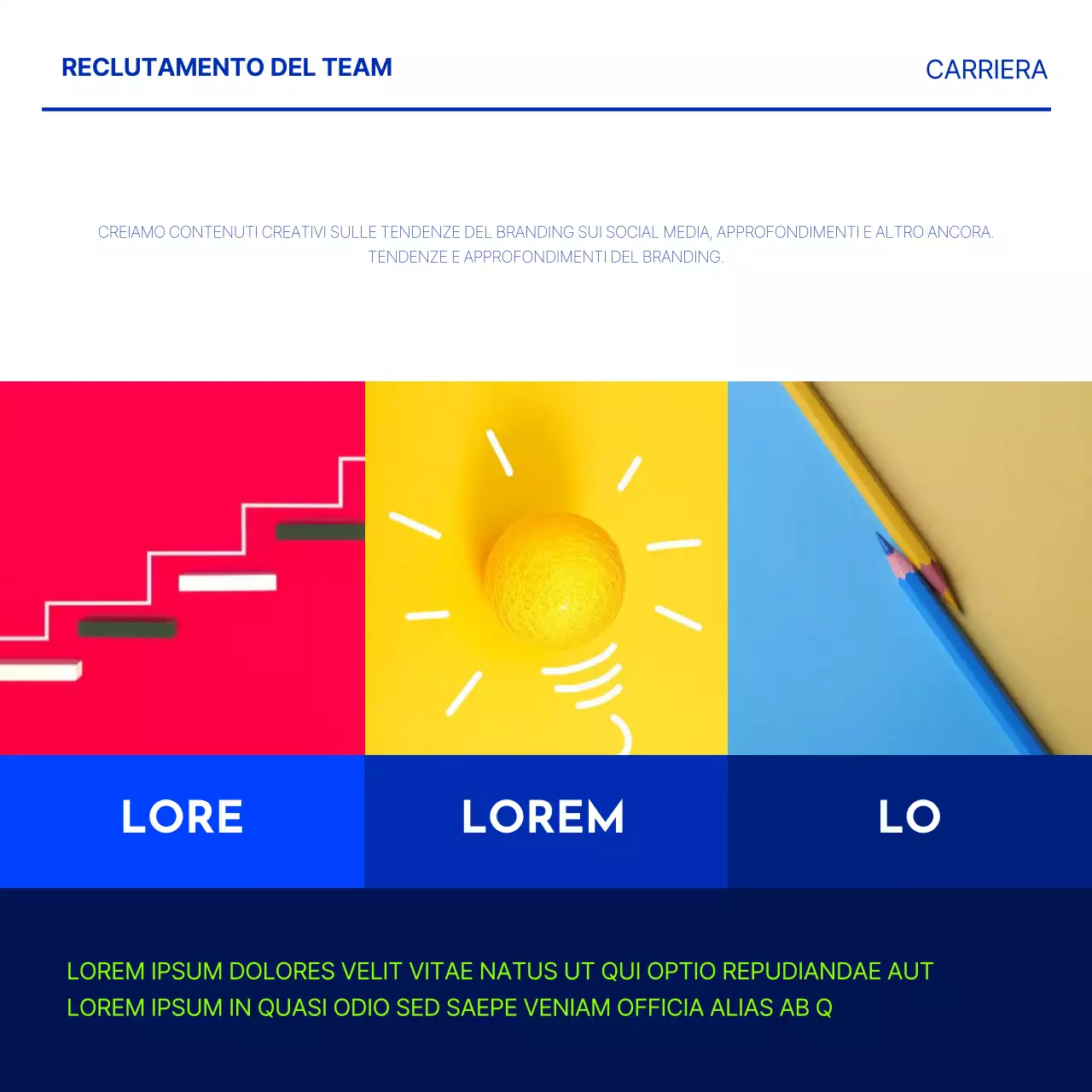 Un annuncio di lavoro minimalista in blu e chartreuse