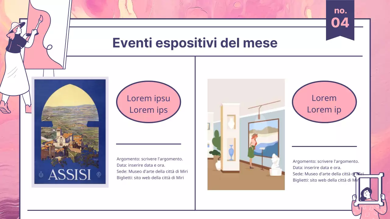 Una moderna guida turistica culturale in rosa e viola