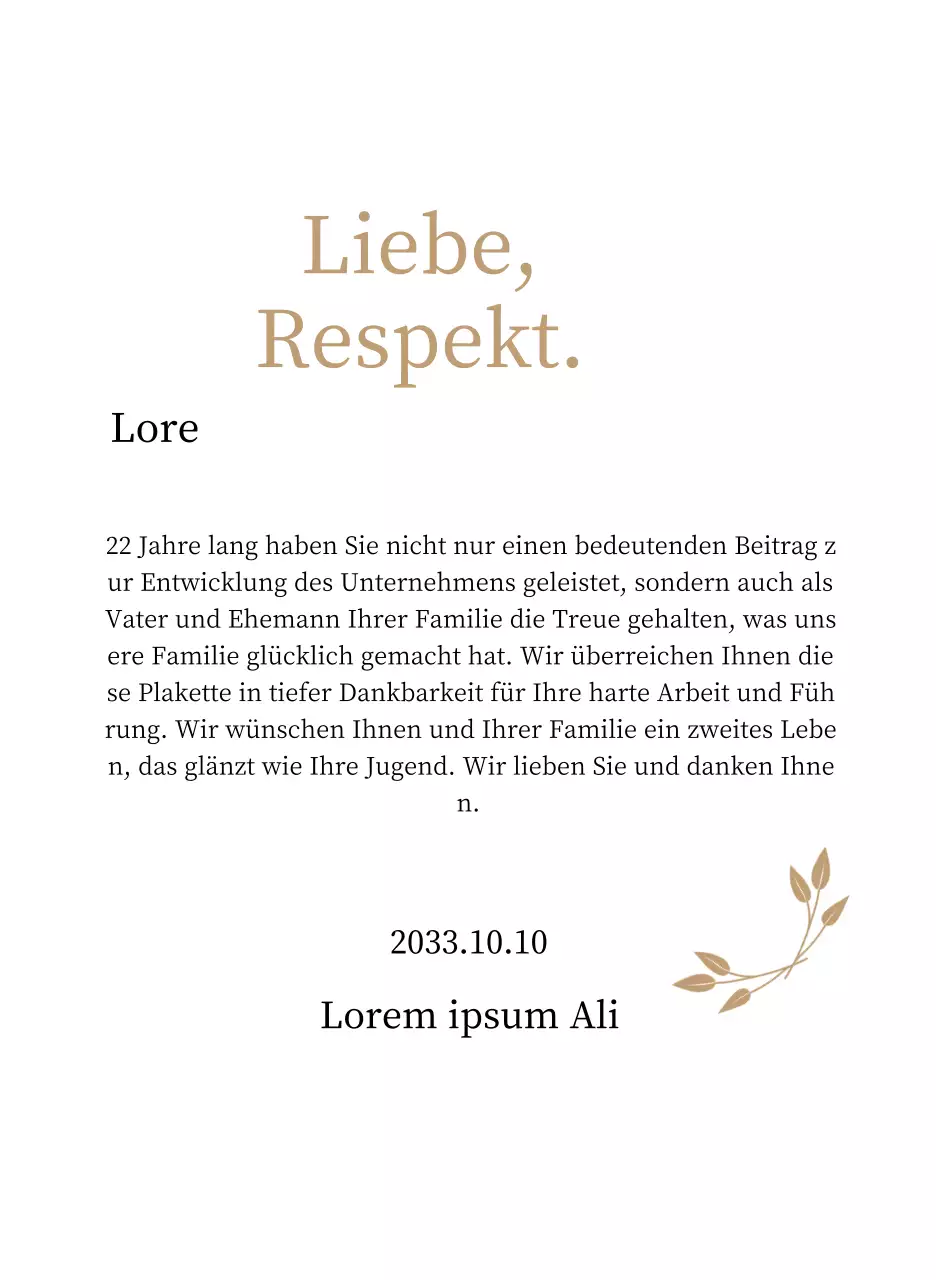 Edle Danksagungstafel mit Gold und Blättern