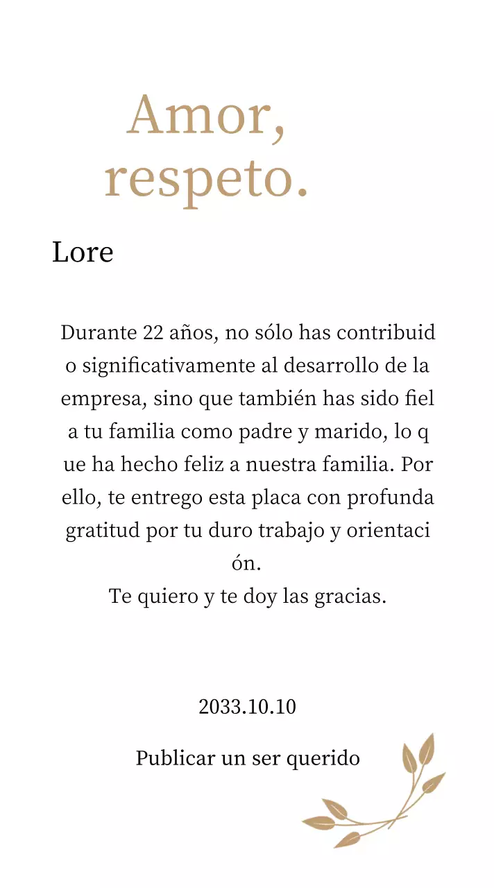 Elegante placa de agradecimiento con oro y hojas