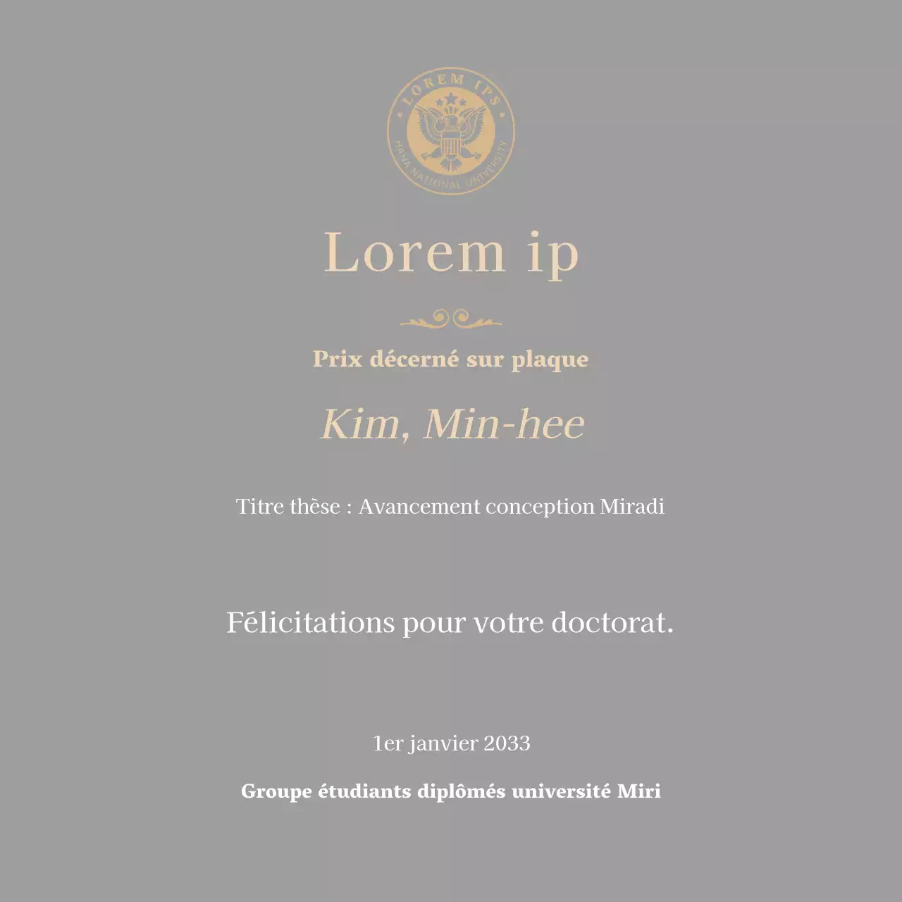 Plaque de diplôme luxueuse avec logo de l'école et bordure dorée