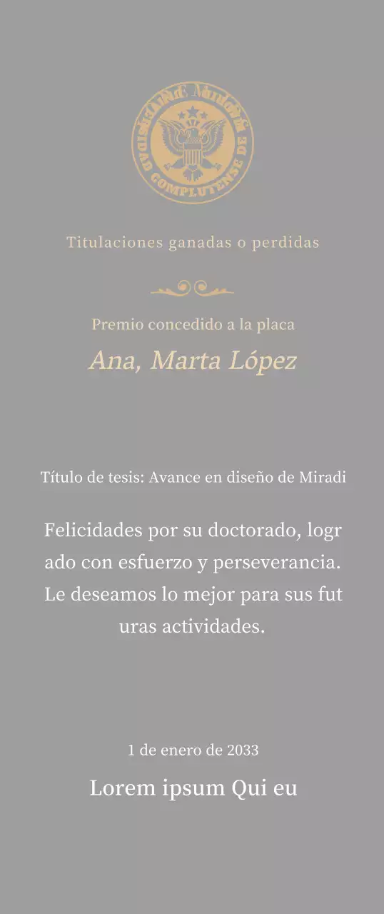 Lujosa placa de titulación con el logotipo de la escuela y adornos dorados