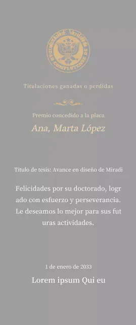 Lujosa placa de titulación con el logotipo de la escuela y adornos dorados