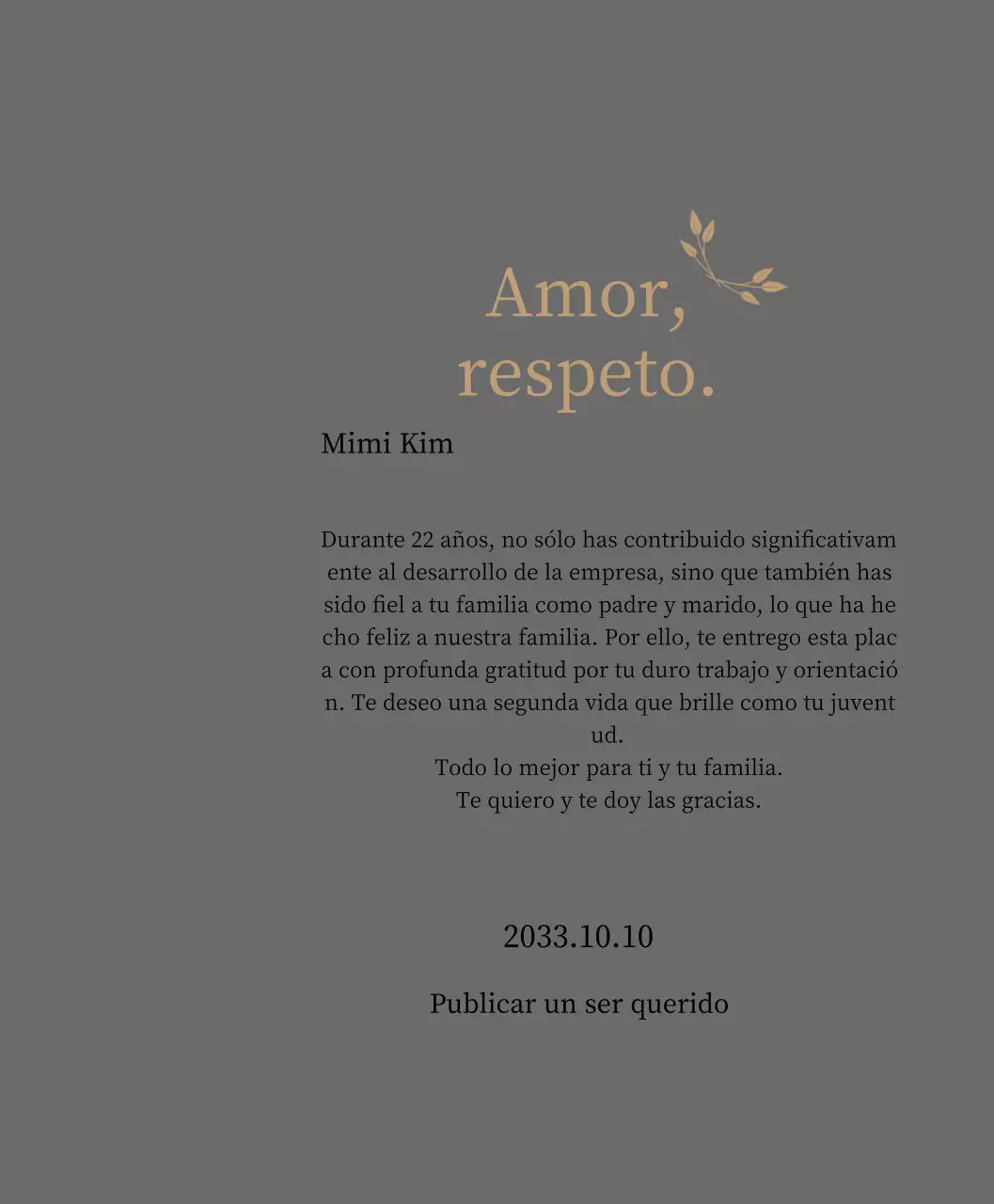 Elegante placa de agradecimiento con oro y hojas