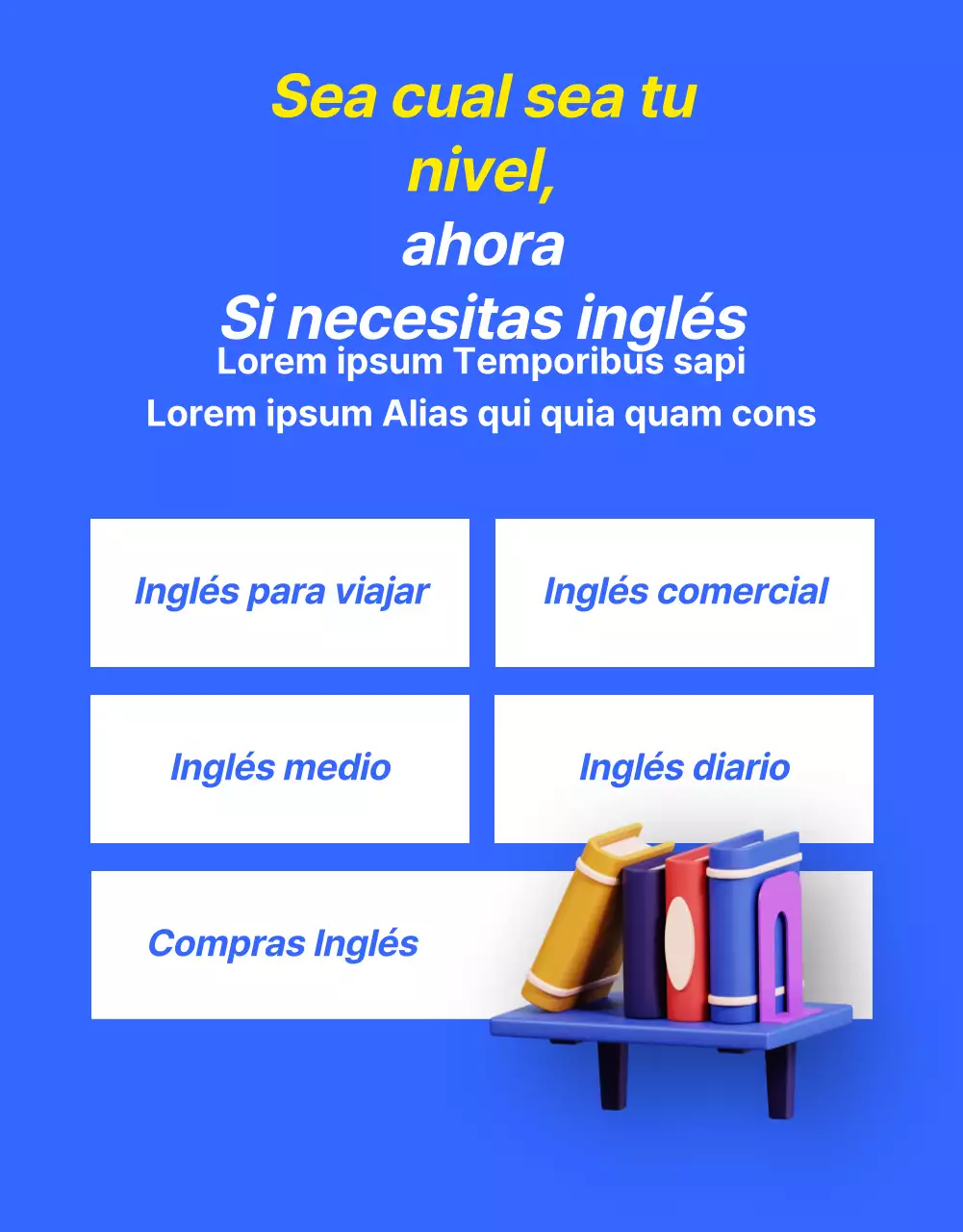 Promociona una oferta kitsch de clases de inglés en azul y amarillo