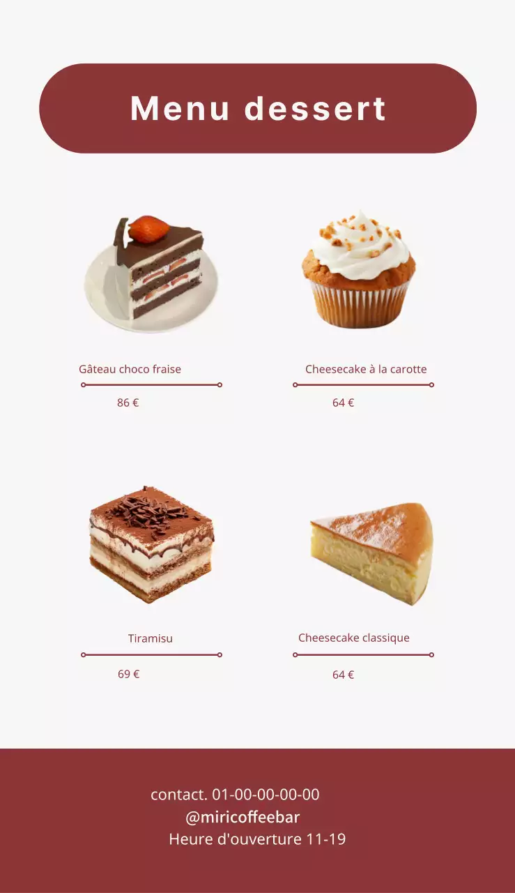 Menus saisonniers avec des photos et des lettres de latte à la fraise sur fond rouge et blanc