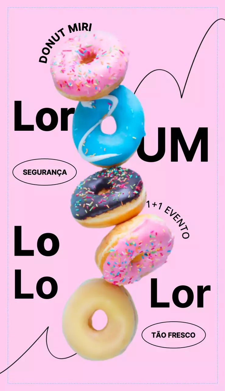 Menu de café com sobremesa de donuts com tipos de letra arrojados, disposição de imagens de donuts e elementos gráficos rítmicos