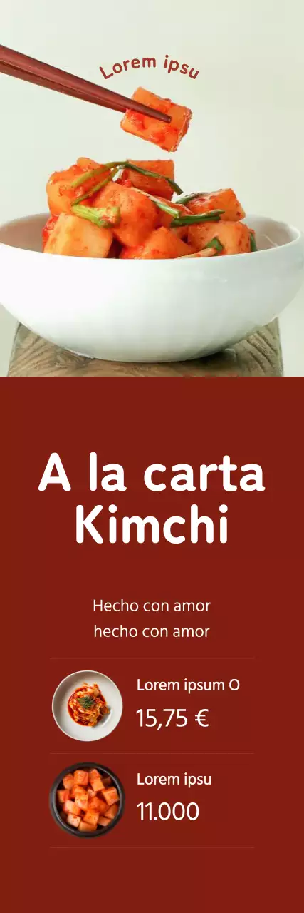 Promover las ventas de kimchi destacando imágenes de kimchi sobre un fondo rojo.