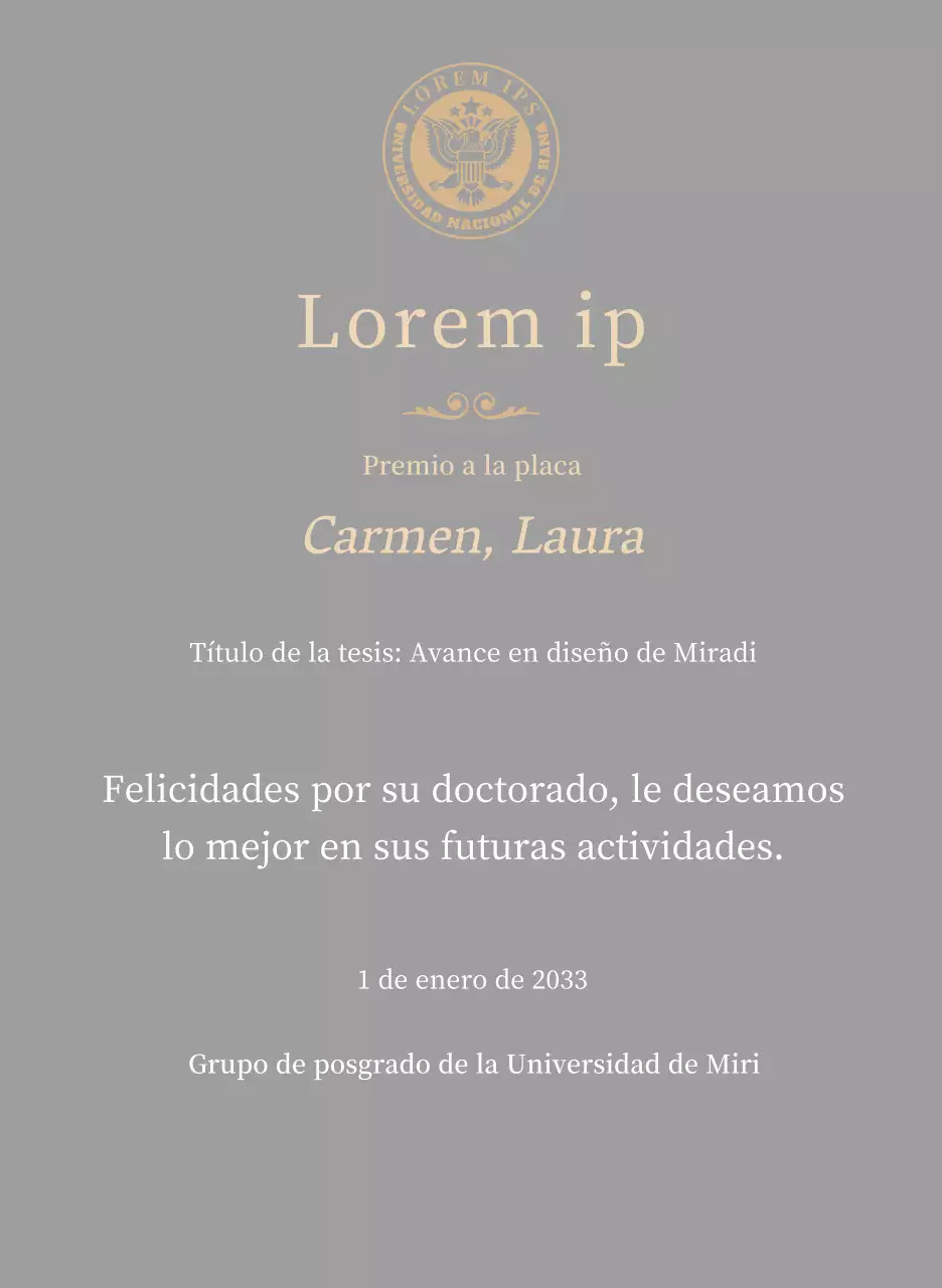 Lujosa placa de titulación con el logotipo de la escuela y adornos dorados