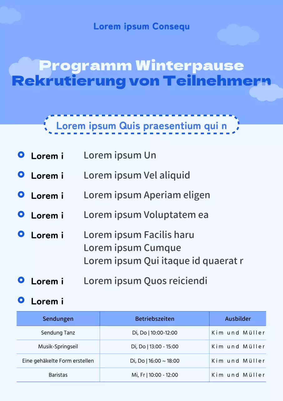 Ein einfaches blau-weißes Programm für die Winterpause zur Förderung der Anwerbung