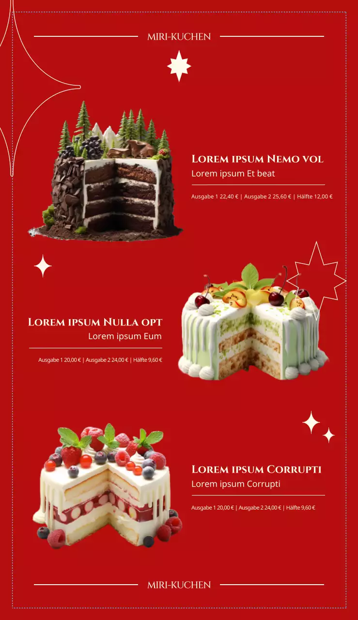 Torten-Dessert-Café-Menü in Rot und Grün für eine festliche Atmosphäre, mit fetter englischer Schrift und grafischen Elementen.