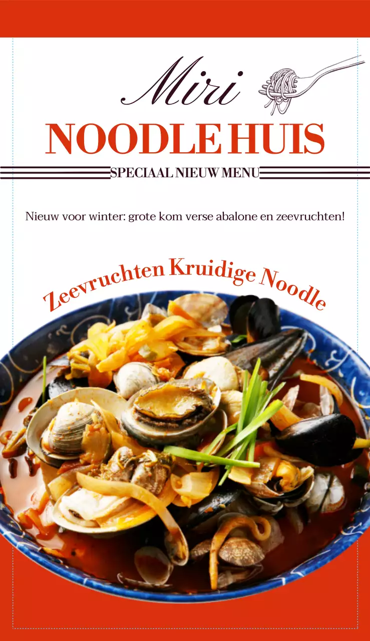 Noodle restaurant menu met schoon lettertype en voedsel afbeelding lay-out en oranje kleuraccenten