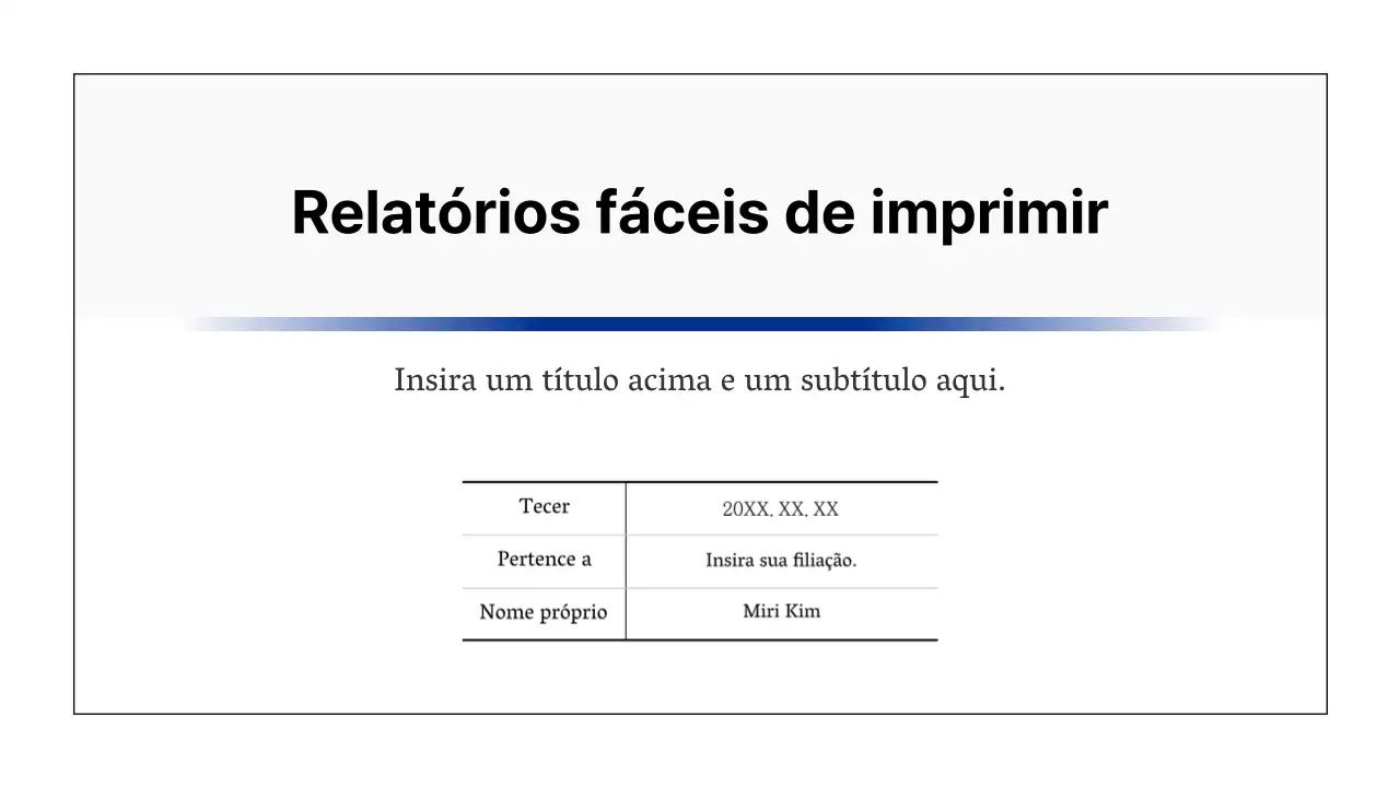 Relatório simples para impressão em preto e azul marinho