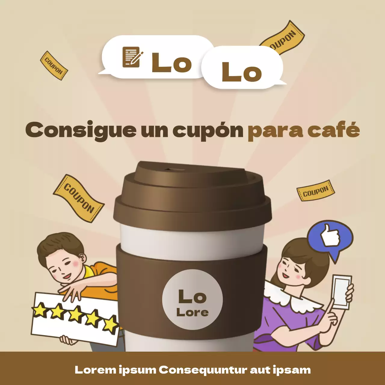 Promueva un evento de revisión de cupones de café retro en marrón y beige